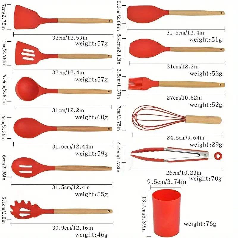 12 Utensílios de Cozinha de Silicone com Cabo de Madeira Verde e Rosa, Conjunto - Haustter