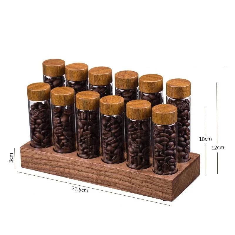 Frascos de Grãos de Café e Temperos com Estante de Nogueira - Haustter