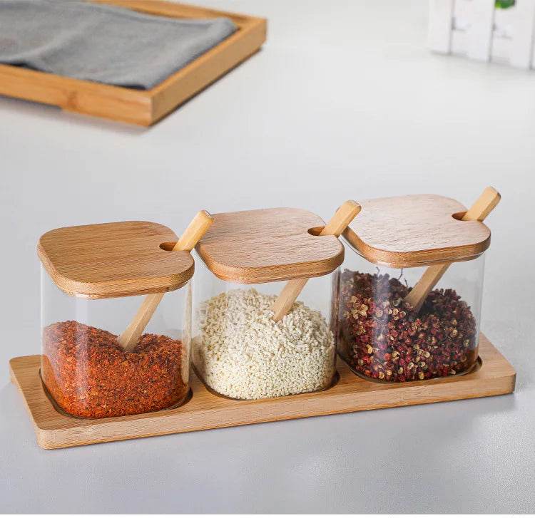 3 Potes de Vidro para Temperos com Colher de Bambu, Conjunto - Haustter