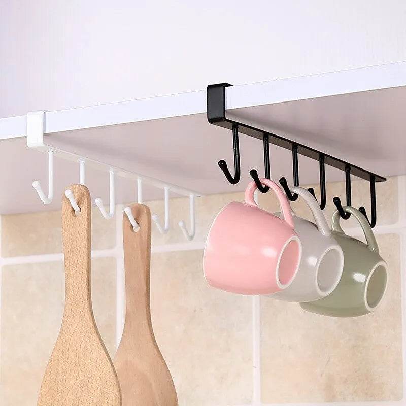 Suporte Multifuncional para Xícaras com 6 Ganchos - Preto e Branco - Prateleira Organizadora de Utensílios de Cozinha e Armário - Haustter
