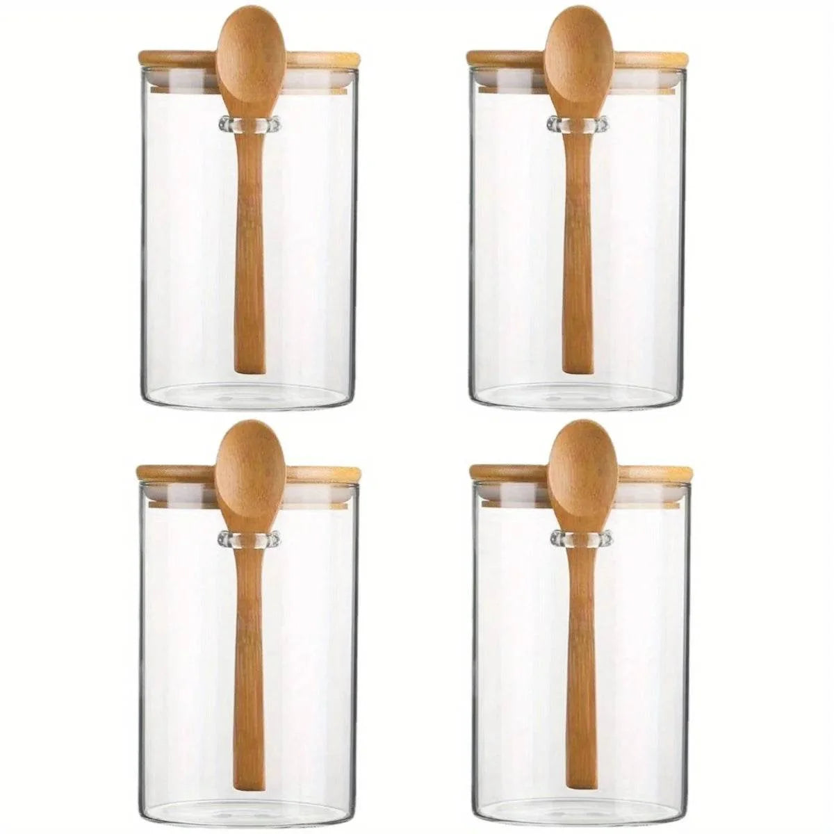 Pote de Vidro com Tampa e Colher de Bambu, Potes Transparentes para Especiarias, Temperos, Doces e Armazenamento de Alimentos - Haustter