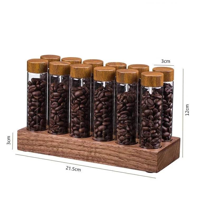 Frascos de Grãos de Café e Temperos com Estante de Nogueira - Haustter