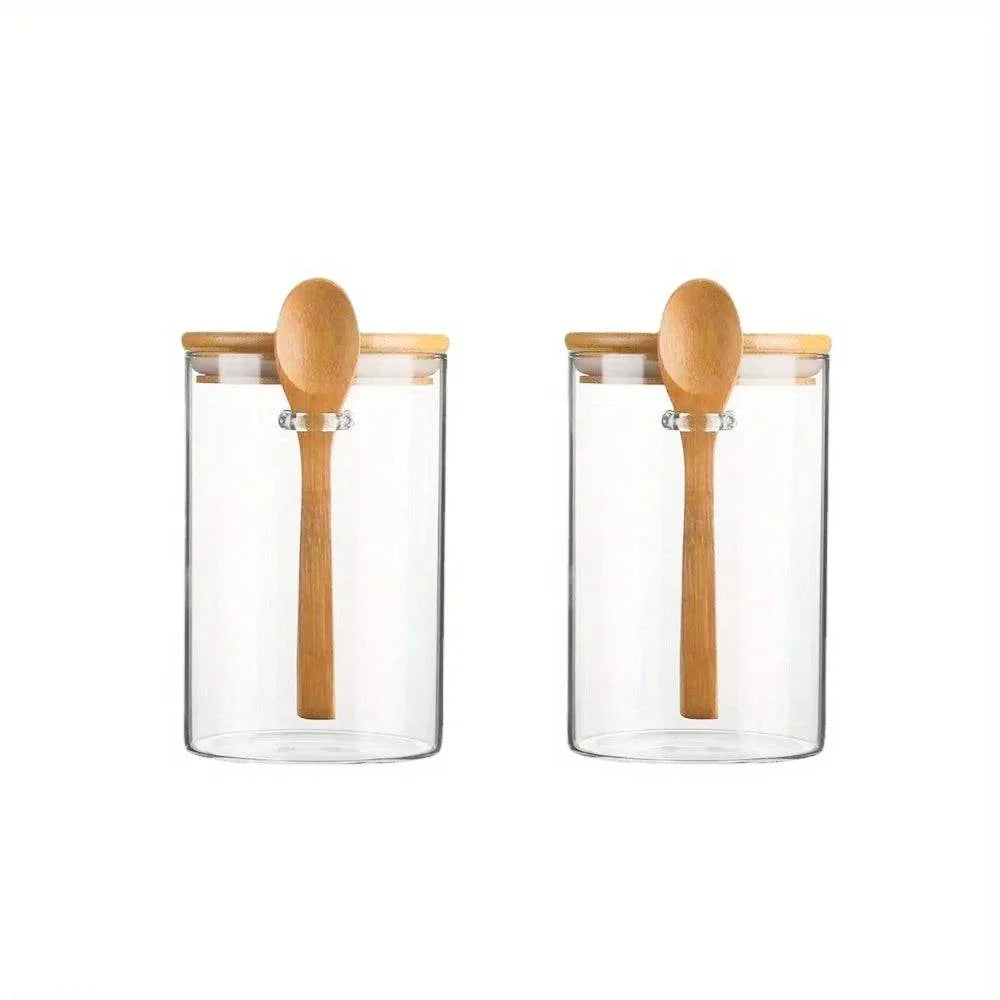 Pote de Vidro com Tampa e Colher de Bambu, Potes Transparentes para Especiarias, Temperos, Doces e Armazenamento de Alimentos - Haustter