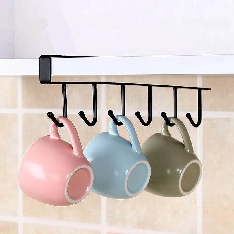 Suporte Multifuncional para Xícaras com 6 Ganchos - Preto e Branco - Prateleira Organizadora de Utensílios de Cozinha e Armário - Haustter