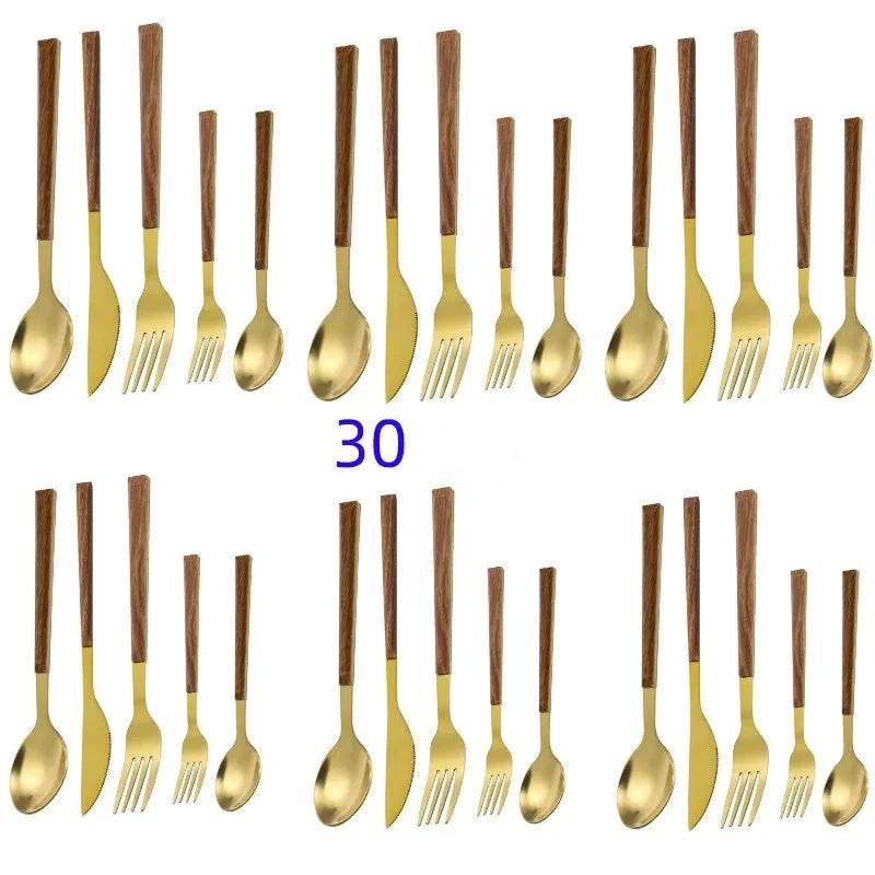 Conjunto de Talheres 30 Peças em Aço Inoxidável com Cabo Imitação Madeira, Jogo Completo para Jantar - Haustter