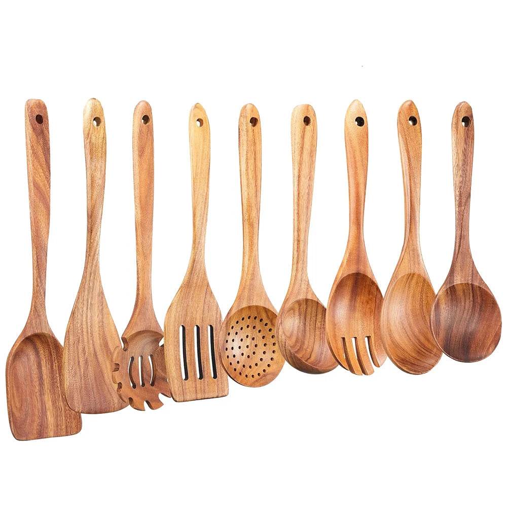 9 Utensílios de Cozinha de Madeira de Teca, Conjunto - Haustter