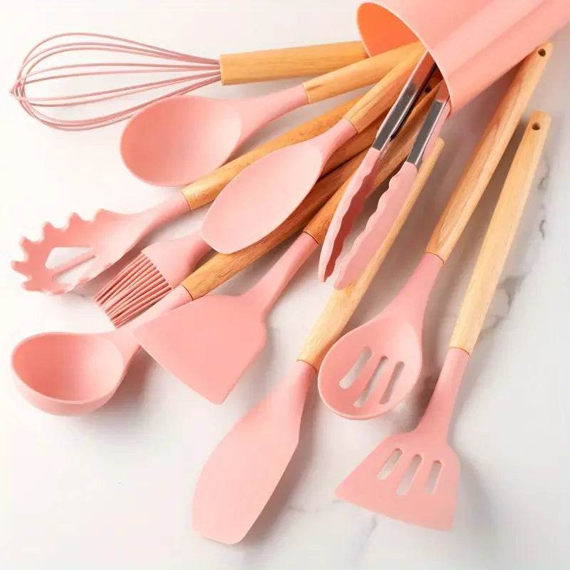 12 Utensílios de Cozinha de Silicone com Cabo de Madeira Verde e Rosa, Conjunto - Haustter