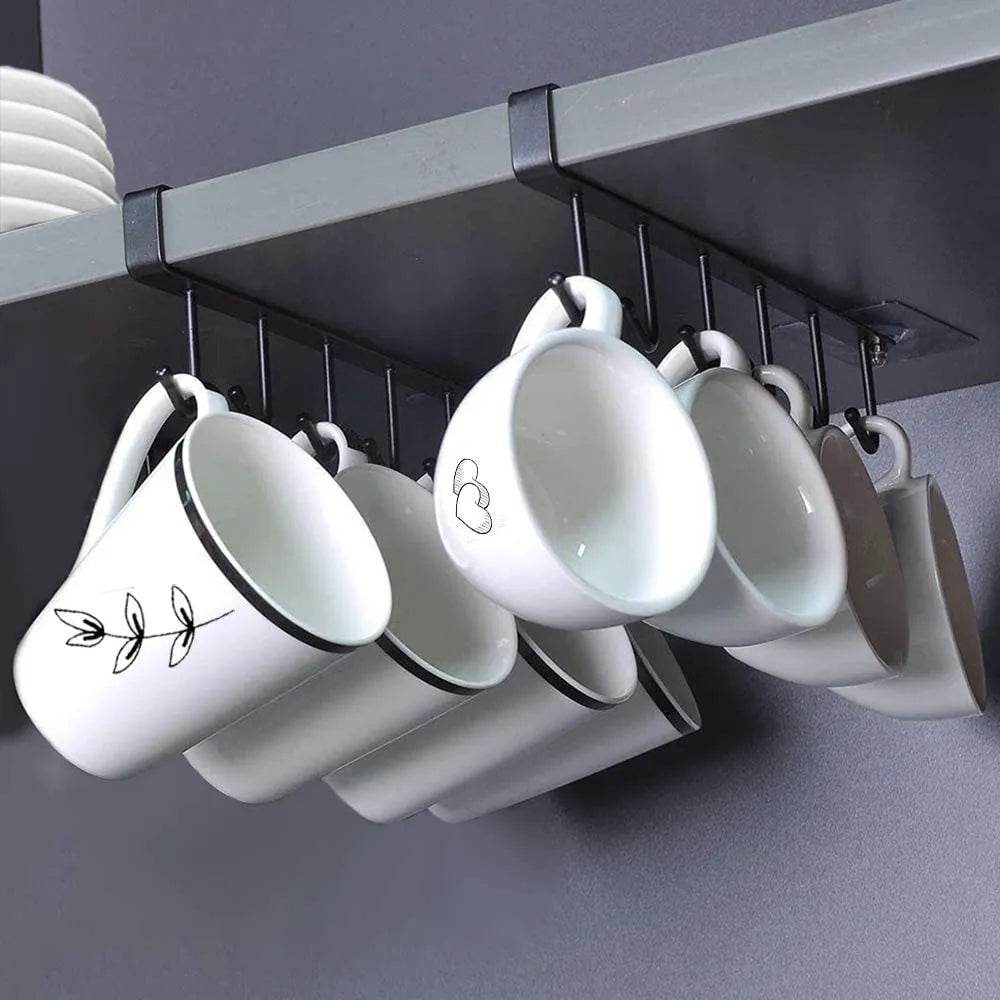 Suporte Multifuncional para Xícaras com 6 Ganchos - Preto e Branco - Prateleira Organizadora de Utensílios de Cozinha e Armário - Haustter