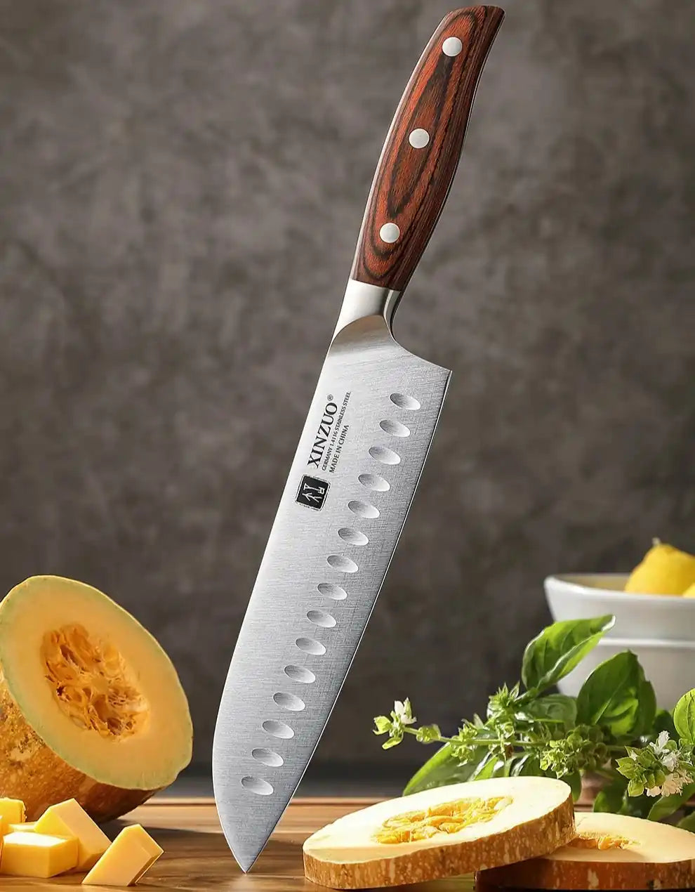 Faca Santoku 7" em Aço Inox com Cabo de Sândalo Vermelho
