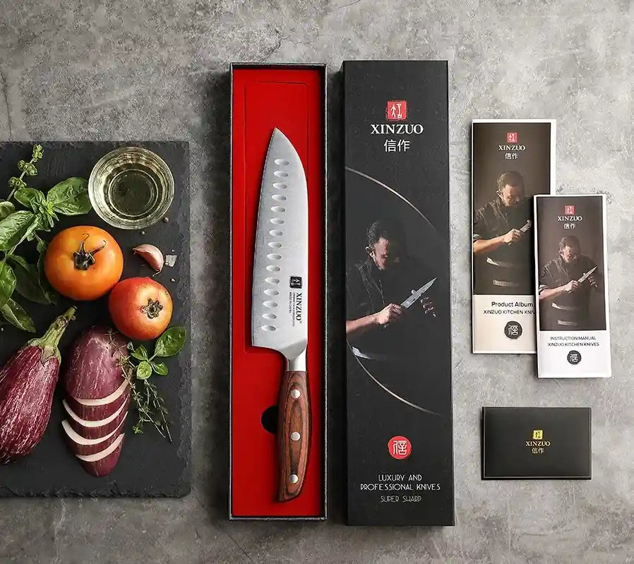 Faca Santoku 7" em Aço Inox com Cabo de Sândalo Vermelho