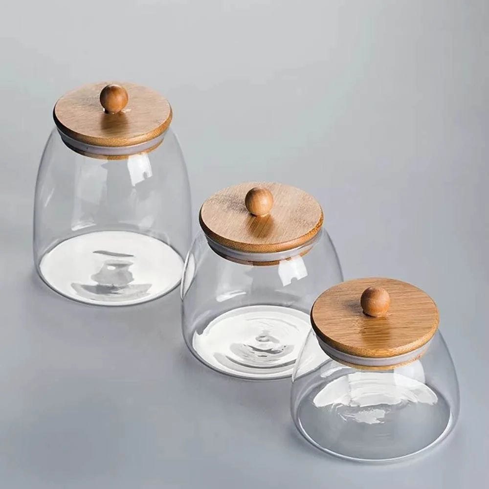 Pote de Armazenamento de Vidro com Puxador Oval e Tampa de Bambu - Haustter