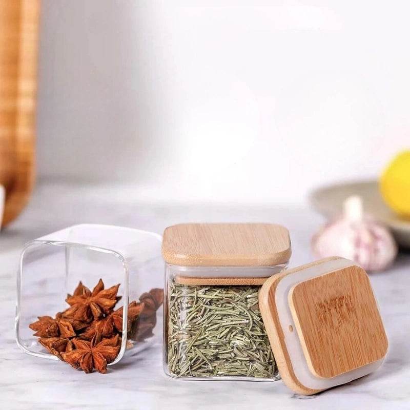 12 Potes de Vidro Quadrados com Tampas de Bambu para Temperos