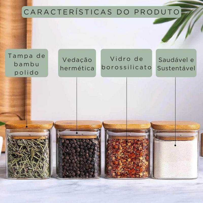 12 Potes de Vidro Quadrados com Tampas de Bambu para Temperos