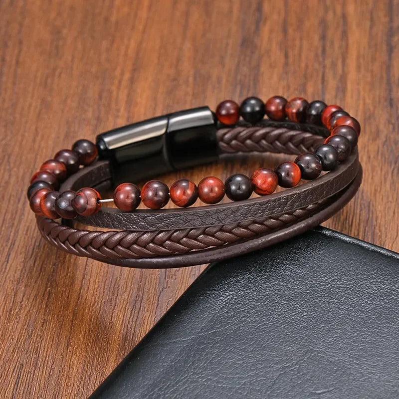 Pulseira Olho de Tigre - Couro e Aço