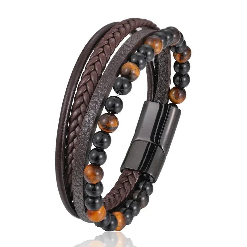 Pulseira Olho de Tigre - Couro e Aço