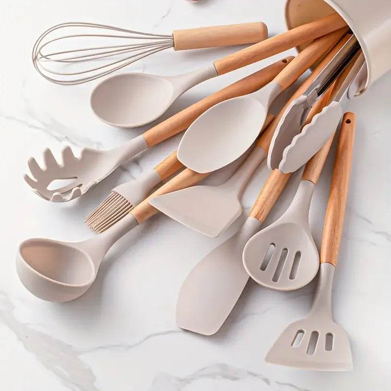 12 Utensílios de Cozinha de Silicone com Cabo de Madeira, Conjunto - Haustter