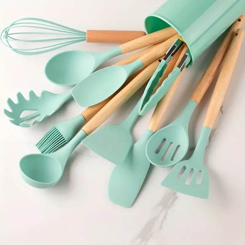 12 Utensílios de Cozinha de Silicone com Cabo de Madeira Verde e Rosa, Conjunto - Haustter