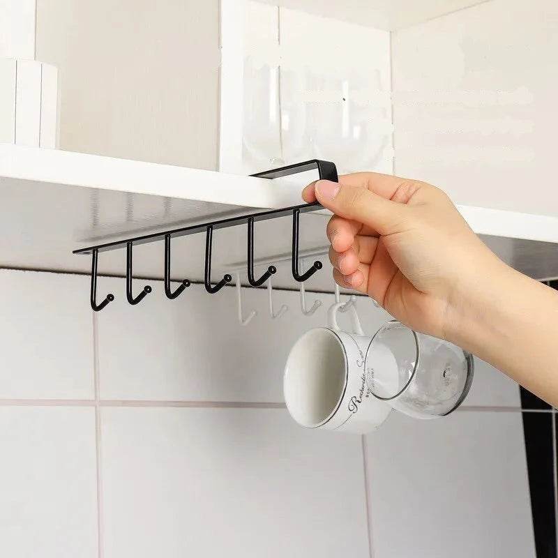 Suporte Multifuncional para Xícaras com 6 Ganchos - Preto e Branco - Prateleira Organizadora de Utensílios de Cozinha e Armário - Haustter
