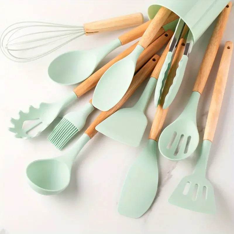 12 Utensílios de Cozinha de Silicone com Cabo de Madeira Verde e Rosa, Conjunto - Haustter