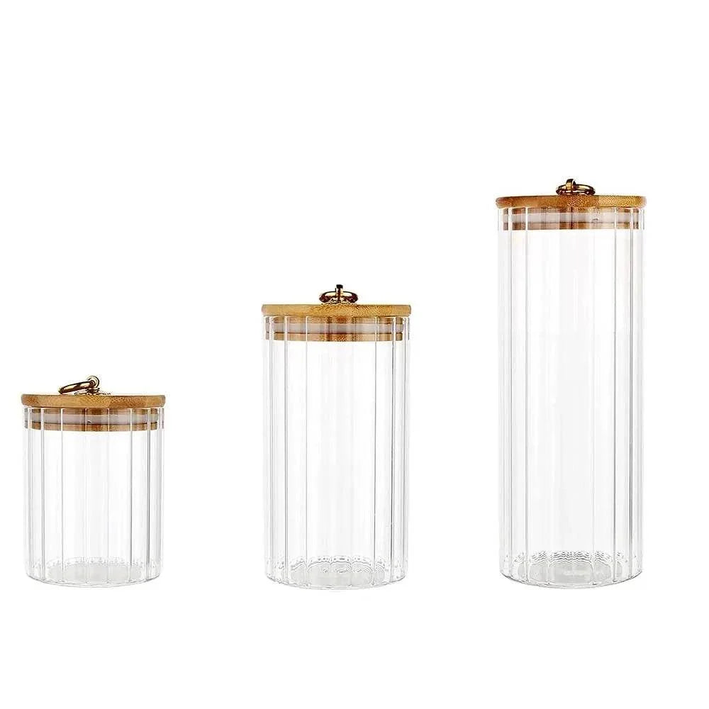 3 Potes de Vidro com Tampa de Bambu e Anel de Metal para Armazenamento de Doces, Biscoitos, Massas, Café e Grãos - Haustter