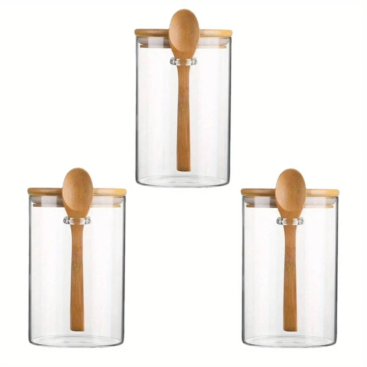 Pote de Vidro com Tampa e Colher de Bambu, Potes Transparentes para Especiarias, Temperos, Doces e Armazenamento de Alimentos - Haustter