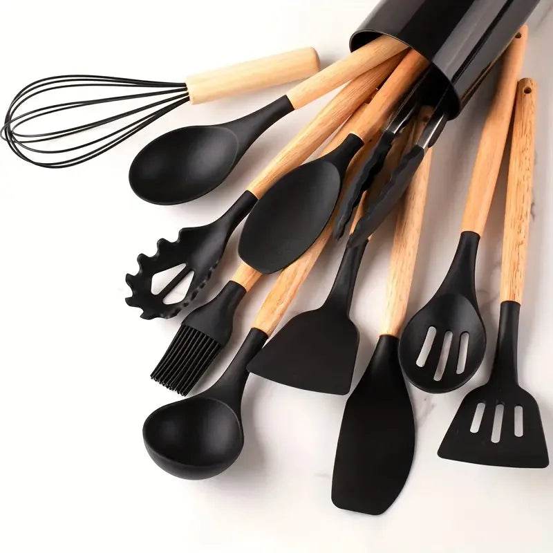 12 Utensílios de Cozinha de Silicone com Cabo de Madeira, Conjunto - Haustter