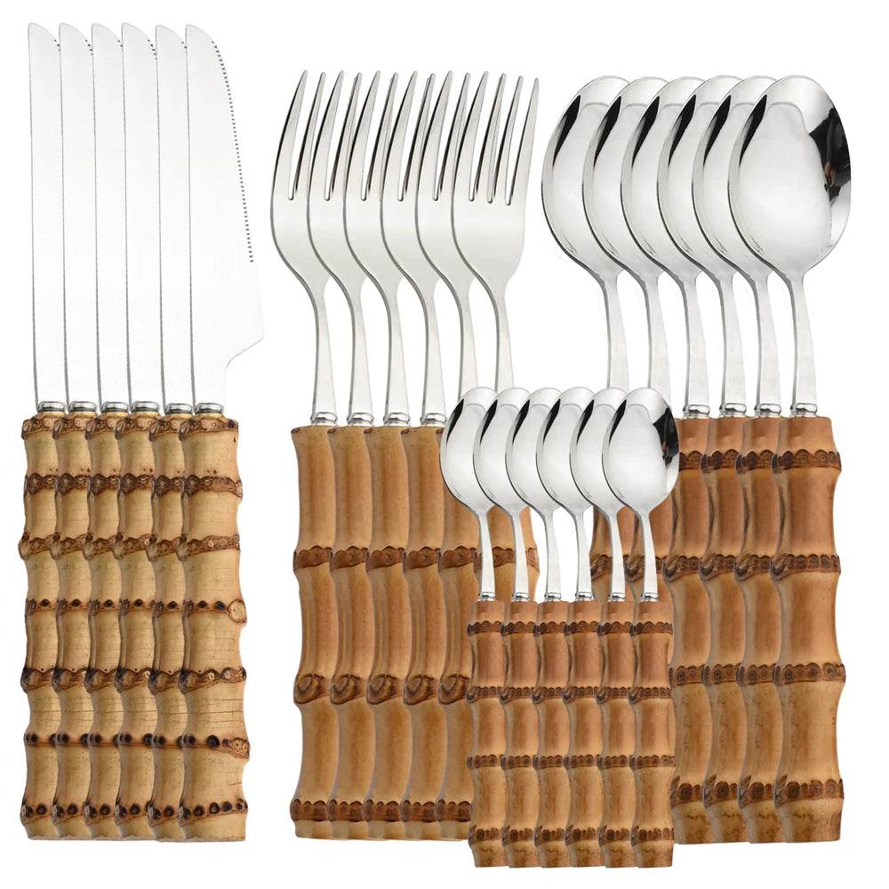 24 Talheres Dourados e Prata Inox com Cabo de Bambu, Conjunto - Haustter
