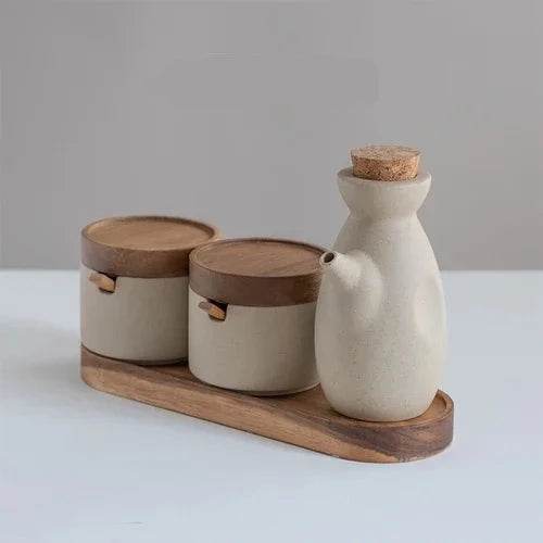 Conjunto de Potes para Temperos em Cerâmica para Cozinha Japonesa - Sal, Pimenta e Óleo