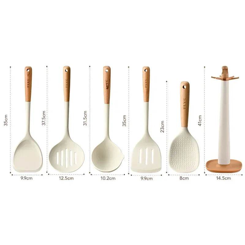 Conjunto de Utensílios de Silicone com Cabo de Madeira - Haustter