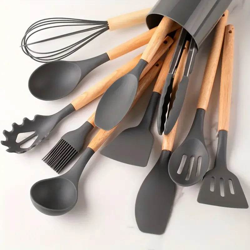 12 Utensílios de Cozinha de Silicone com Cabo de Madeira, Conjunto - Haustter