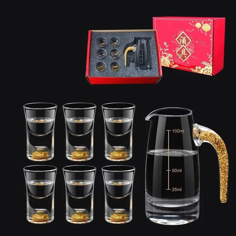 6 Copos e 1 Jarra com Folha Dourada para Shot, Conjunto - Haustter