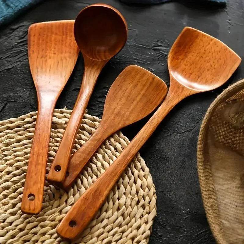 Colher de Pau e Conjunto de Utensílios de Cozinha com 4 Peças em Madeira, Pá, Colher, Espátula e Concha para Panelas Antiaderentes - Haustter