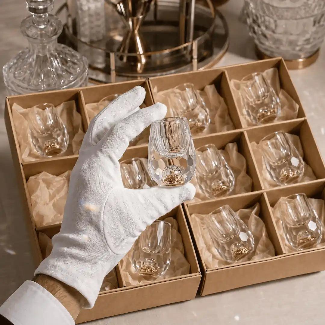 Copo Diamante Luxo com Fundo Duplo e Lascas Douradas para Baijiu, Licor, Cachaça, Tequila e Shots | Haustter