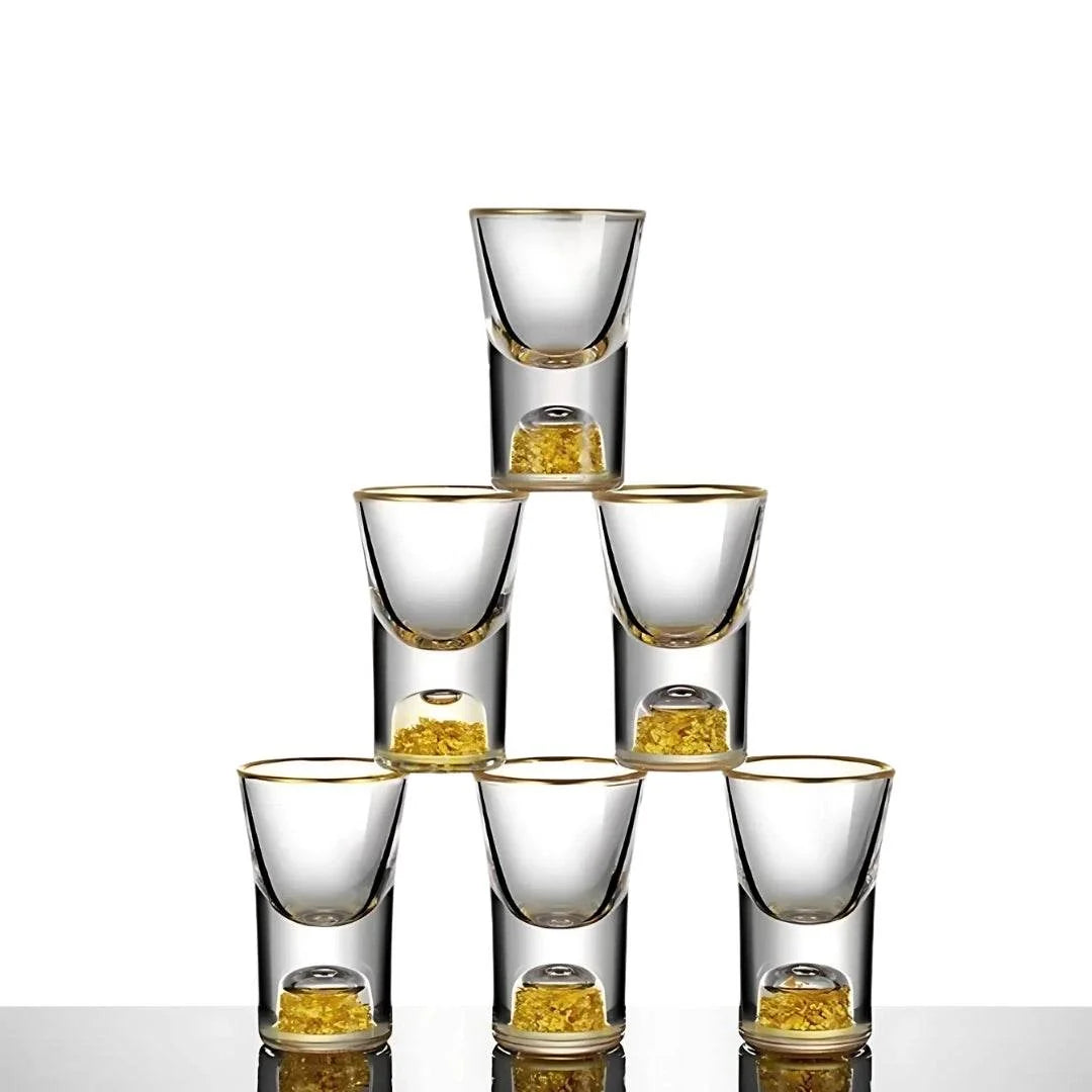 Mini Copos de Shot de Saque e Licor com Borda Dourada e Folhas Reluzentes - Haustter