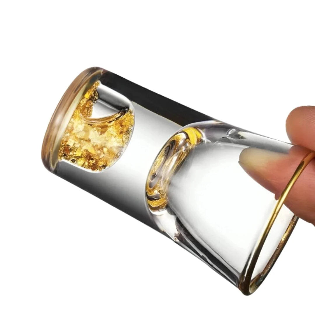 Mini Copos de Shot de Saque e Licor com Borda Dourada e Folhas Reluzentes - Haustter